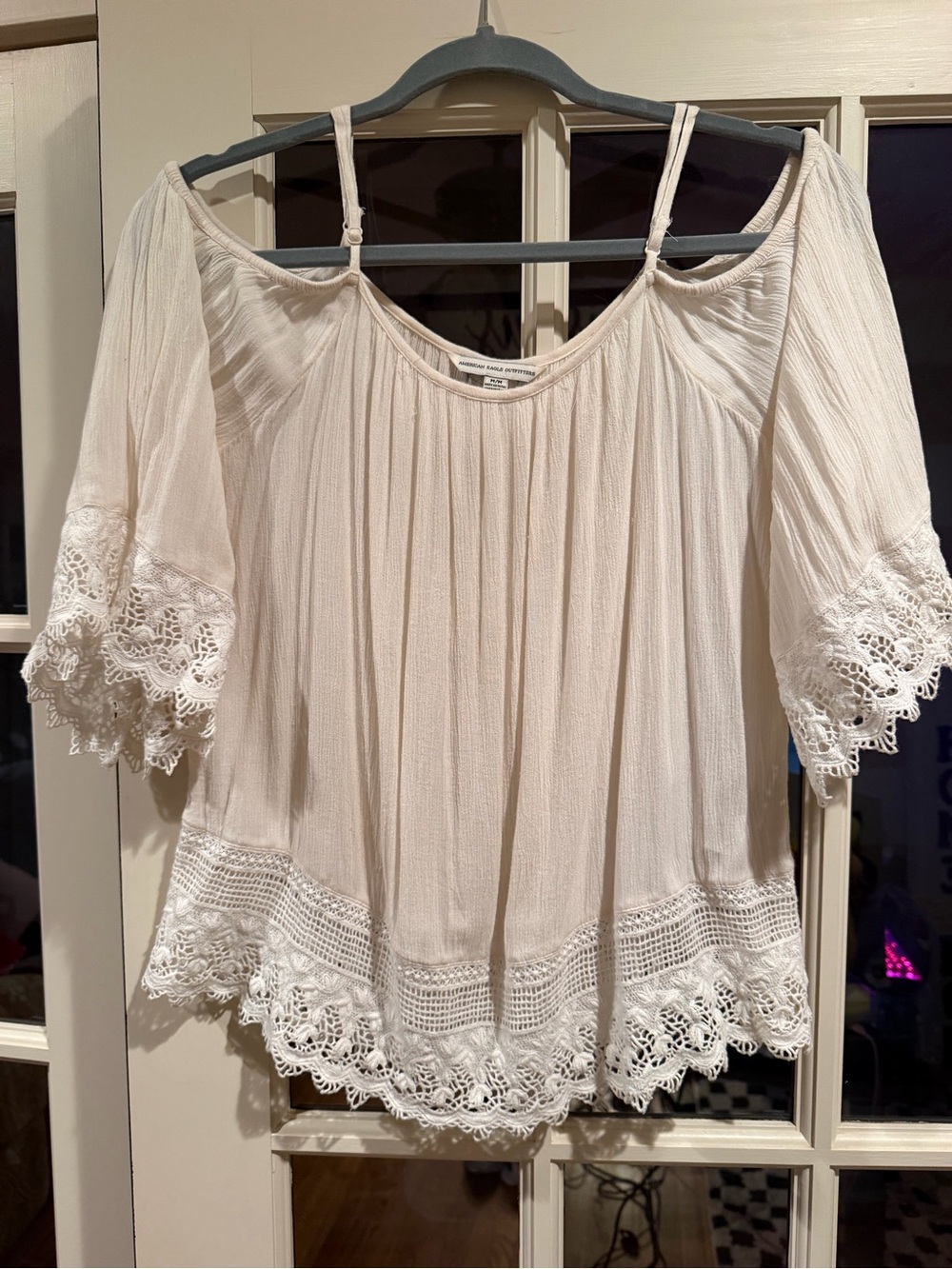 American Eagle Outfitters Cream Crochet-Trim Off-Shoulder Top